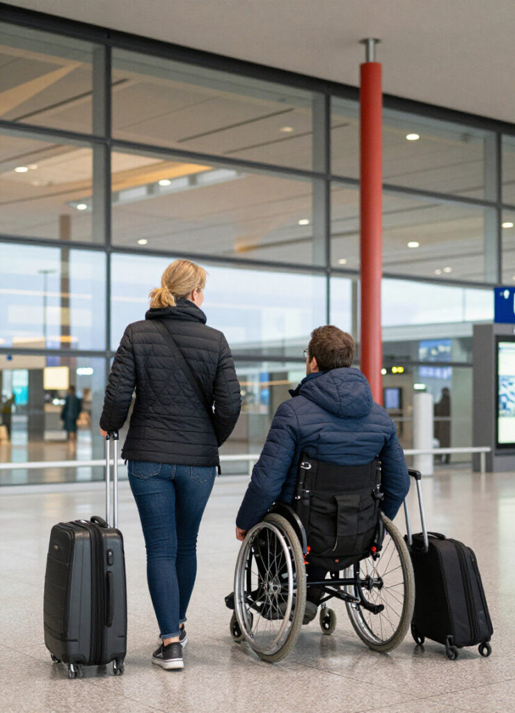 Rollstuhlfahrer mit Begleitperson vor Flughafeneingang. 