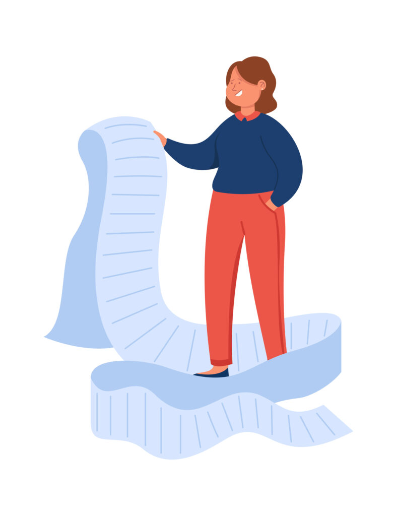 Comic Grafik Frau mit sehr langem Papierbeleg