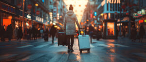 Rückenansicht Frau mit Koffer läuft durch belebte Straße.