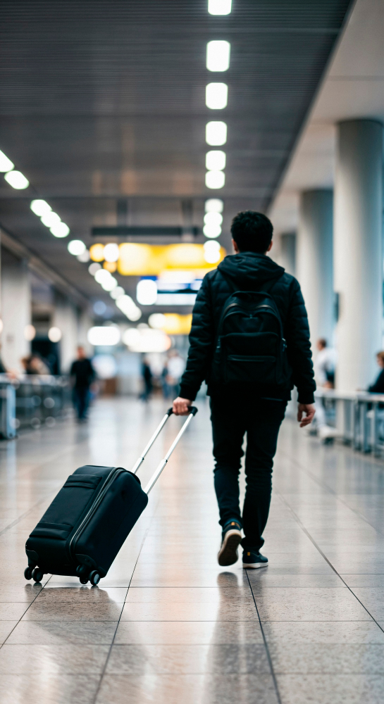 Mann mit Koffer läuft durch menschenleeren Flughafen. 