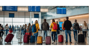 AI generiert, Menschen am Flughafen vor Anzeigetafel.