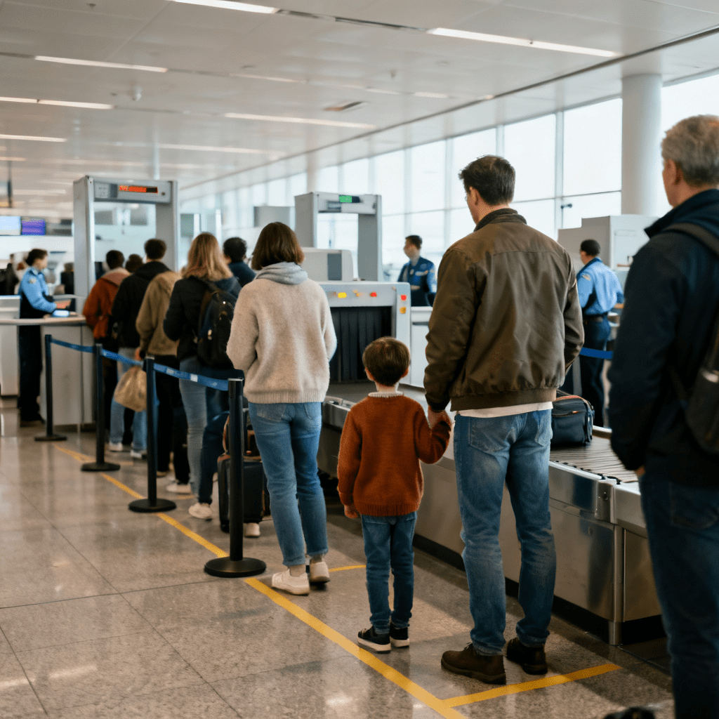 Menschen warten in Reihe bei Secruity Check am Flughafen. 