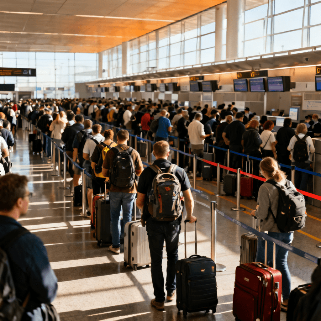 Menschenmasse am Flughafen Check In Schalter, mit Freepik generiert. 