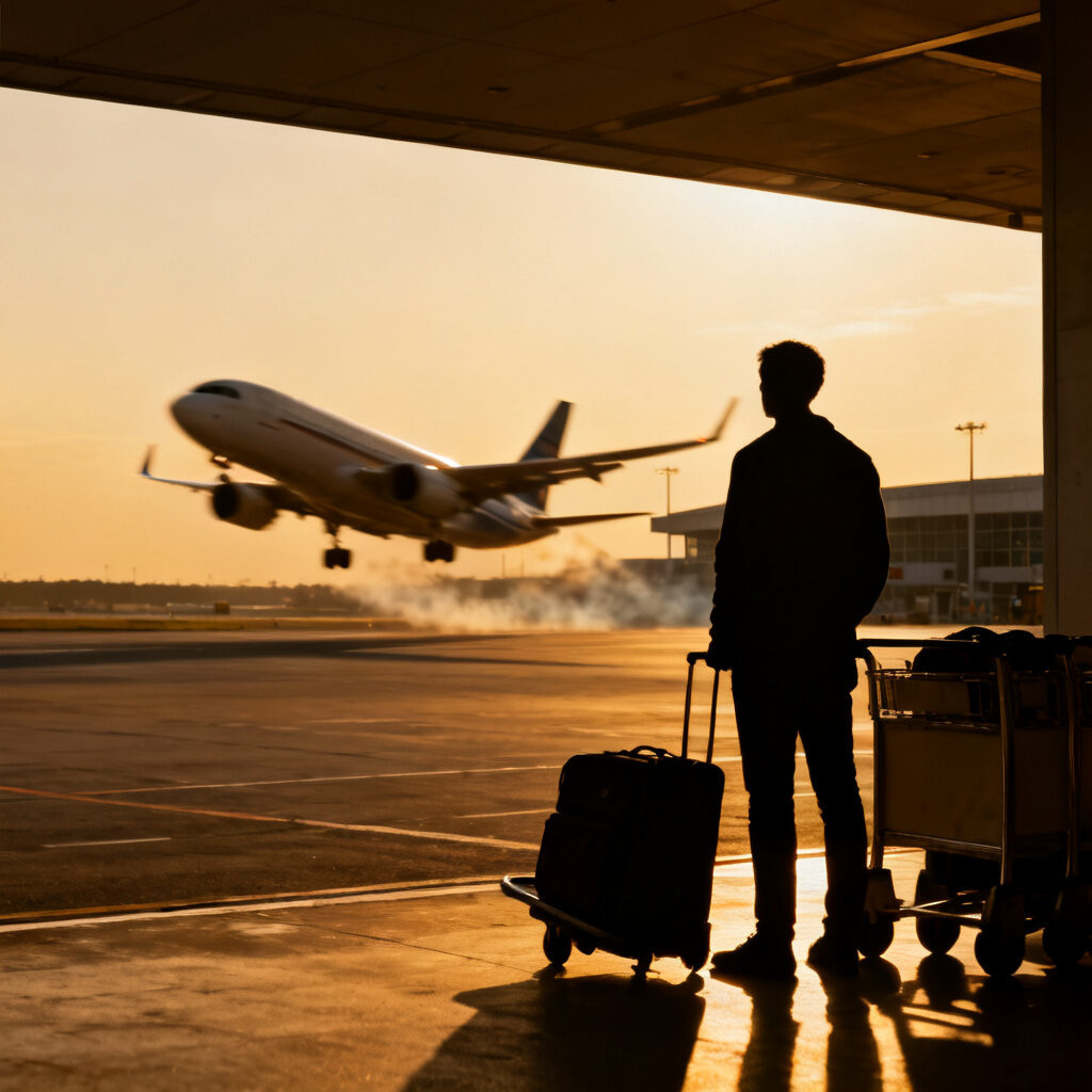 Person in Abenddämmerung sieht startendes Flugzeug. 