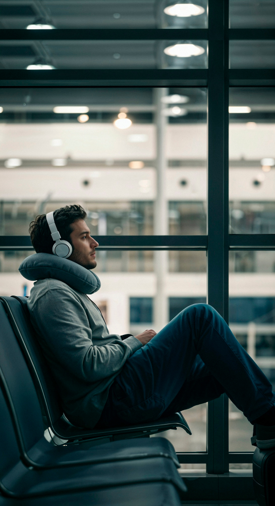 Mann wartet am Flughafen auf Abflug, trägt Kopfhörer.